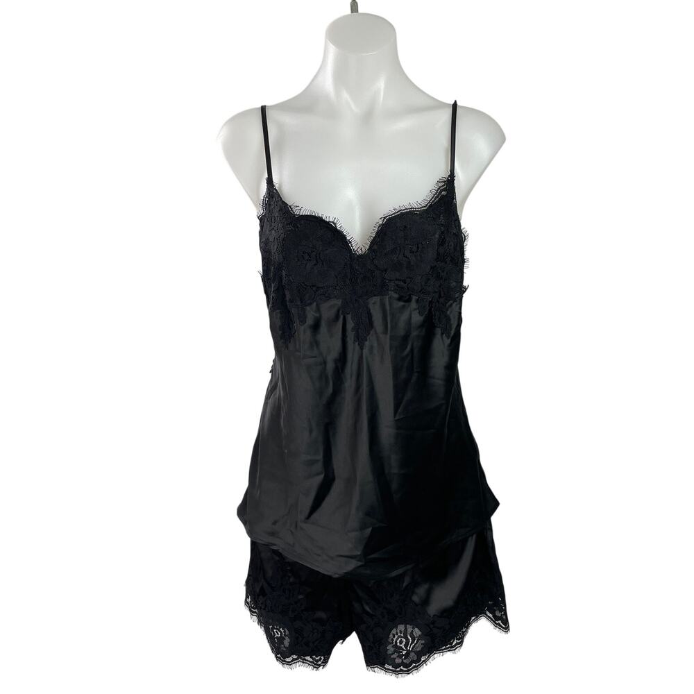 NEW Homebodii Black Silk Satin Lace Two Piece Sleepwear Pajamas Shorts Set S